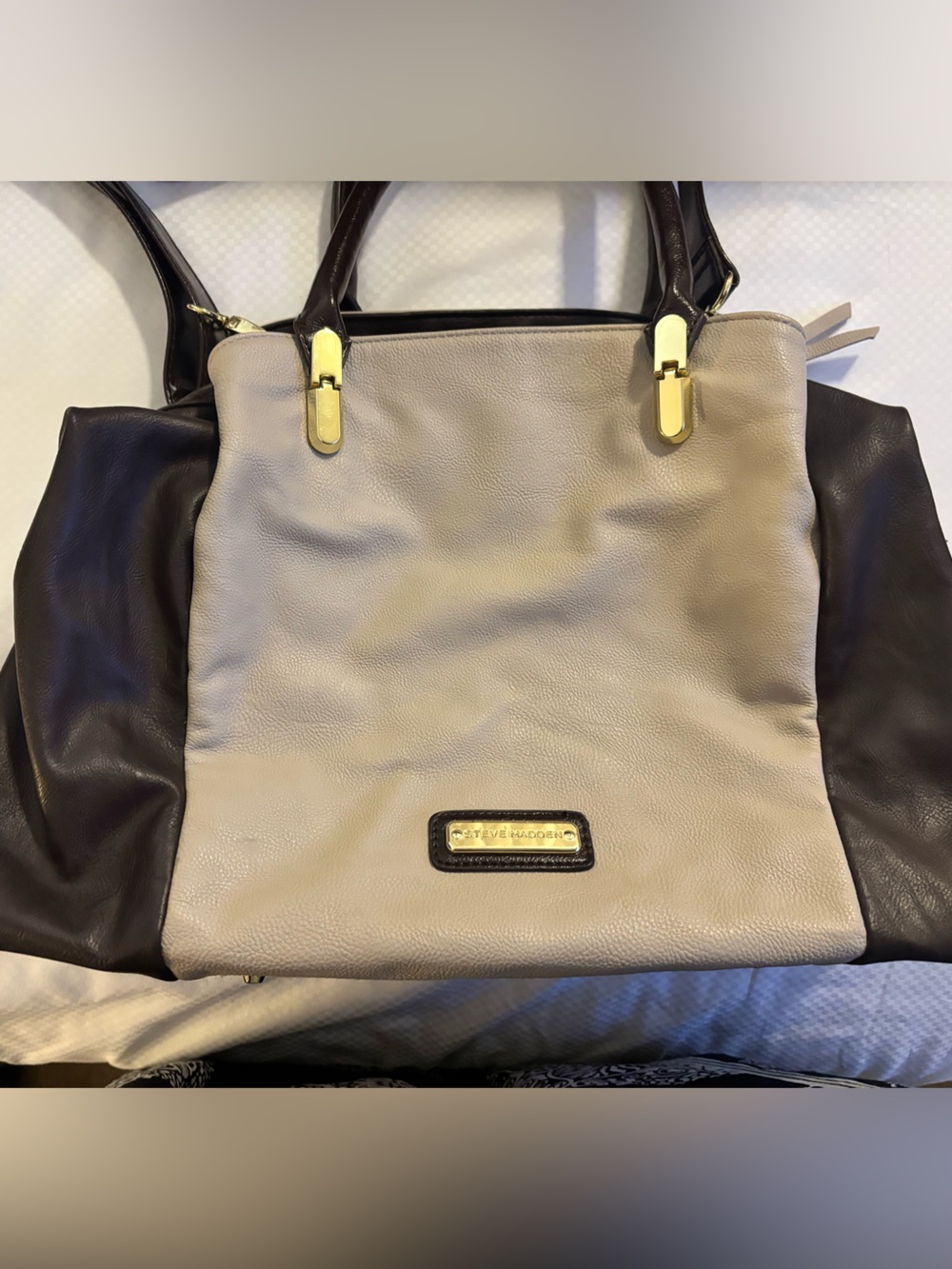 Steve Madden Beige and Dark Brown Tote with Gold Accents
